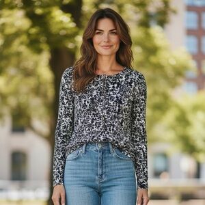 Tory Burch Silk Floral Henley Blouse XS Black White